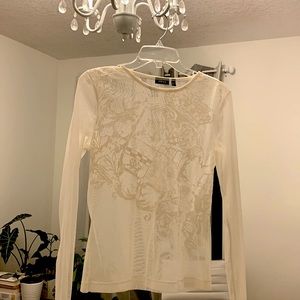 MEXX see through cream color mesh top with intricate crown and scroll design